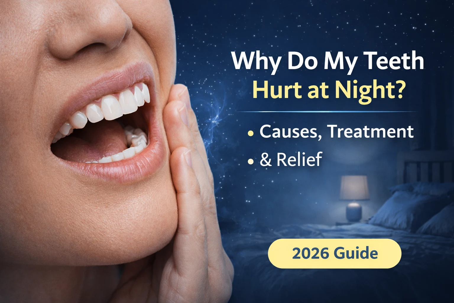Person experiencing tooth pain at night showing symptoms and causes of nighttime toothache with treatment solutions in Siliguri